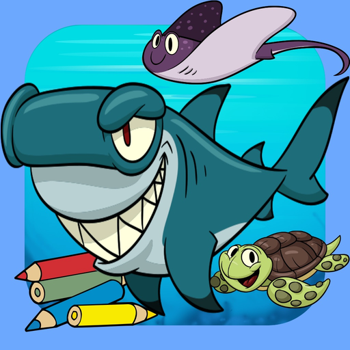 Sea animals shark turtle doodles coloring book kid app icon