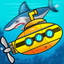 Submarine shooting shark in underwater adventure icon